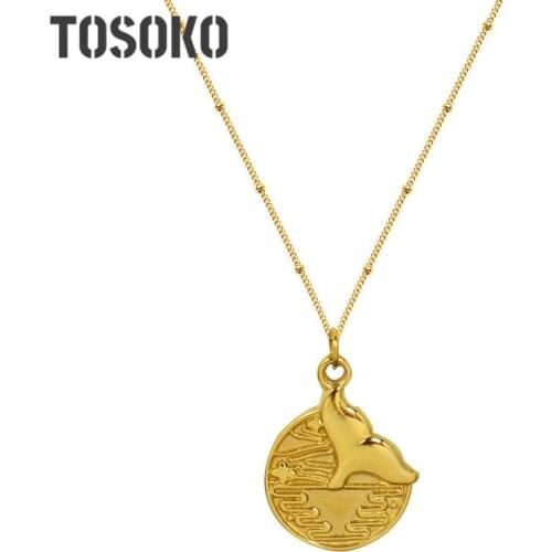 TOSOKO Stainless Steel Jewelry Fishtail Round Brand Pendant Necklace Womens Fashion Elegant Clavicle Chain BSP1086