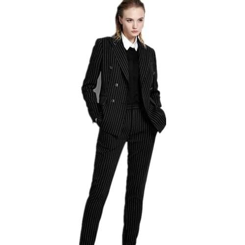 Women Pant Suits Casual Office Business Suits Formal Work Wear Sets Female Office Uniform Black White Stripes Double-Breasted