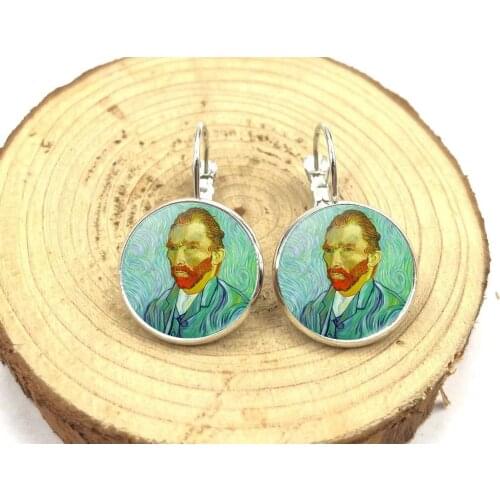 Ladies Mens Party Glass Cabochon Jewelry Silver Clip Ear Hook Drop Earrings Van Gogh Portrait Art Painting