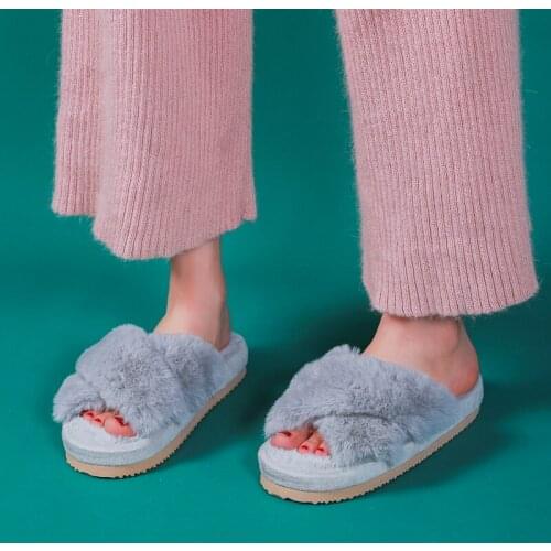 NEW Women Fur Slippers Chic Cross Band 3cm Heel Soft Plush Indoor Ladies Platform Shoes Open Toe Fluffy House Slippers