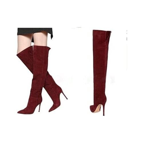 Celebrity Wearing knee high boots suede leather pointed toe thin heeled long boots women 10cm heeled winter boot
