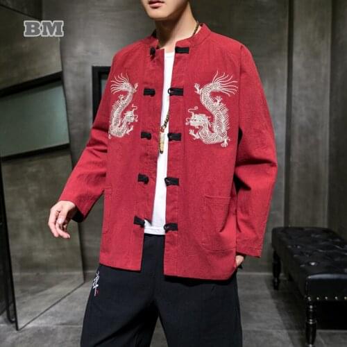 2021 Chinese Dragon Embroidery Plus Size Tang Suit Hanfu Men National Traditional Costume Retro Jacket Autumn Harajuku Coat