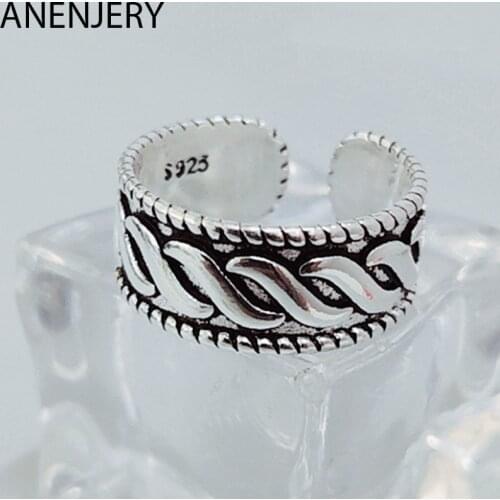 ANENJERY 925 Sterling Silver Fashion Charming Twist Rope Wave Thai Silver Ring Opening Ring Jewelry For Women Men S-R565