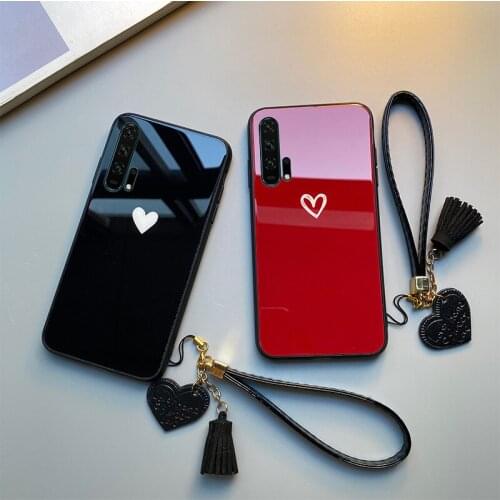 For Samsung A10 A20 A30 A40 A50 Case Free strap Red Black Heart Hard Glass Cover For Samsung A10S A20S A50S A30S A40S Casing