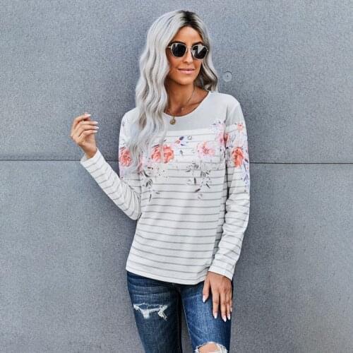 Black Floral Leopard Striped Print Long Sleeve T-shirt Women Fashion O Neck Plus Size Shirt Tops WX195