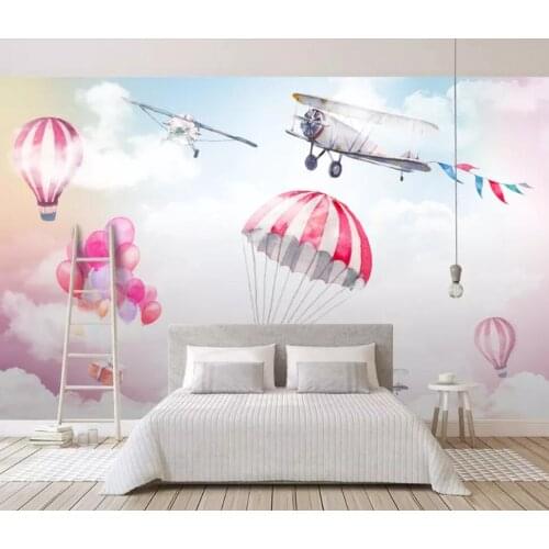 Pure and fresh contracted chromatic sky plane hot air balloon sitting room bedroom setting wall decorates wallpaper mural