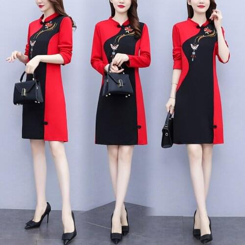 Embroidery Improved Cheongsam Women Long Sleeve Stand Collar Buckle Chinese Style Slim Mini Dress Ladies Plus Size Vestidos