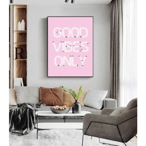 Quotes Wall Art Canvas Painting Home Room Decor Good Vibes Only Quote Print Neon Lights Sign Inspirational Poster Pink Positive