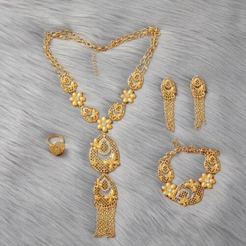 Dubai gold jewelry sets Saudi Arab Necklace Bracelet earrings ring set African bridal wedding gifts for womencollares jewellery
