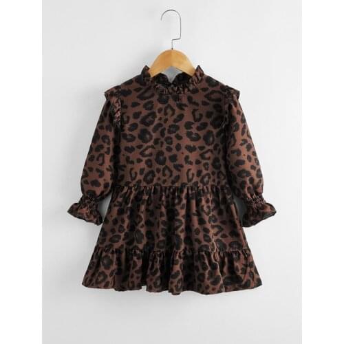 FOCUSNORM Fashion Kids Girls Autumn Dress 2-7Y Leopard Printed Ruffles Long Sleeve A-Line Dress Outfits