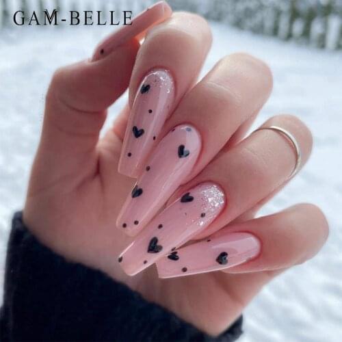 GAM-BELLE Pink with Black Heart Pattern False Nails Extra Long Coffin Full Cover Artificial Press on Nails Decoration Tool