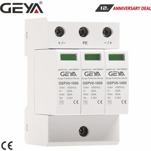 GEYA 2P 3P PV SPD DC 600V 1000V 20KA-40KA Surge Protector Protective Low-voltage Arrester Device Din Rail Type