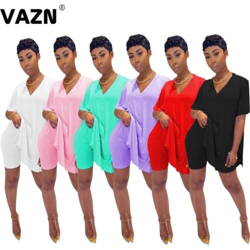 VAZN 2020 Sexy Causal Loose Two Piece Set Solid 2 Piece Set Women Short V-neck Top And Pants Summer Autumn Sets