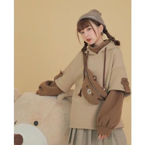 Brown Three-dimensional Bear Cartoon Pattern Harajuku Style Hoodie Thick Long Sleeve Pullover Comes with Bear Bag Oversized Jack