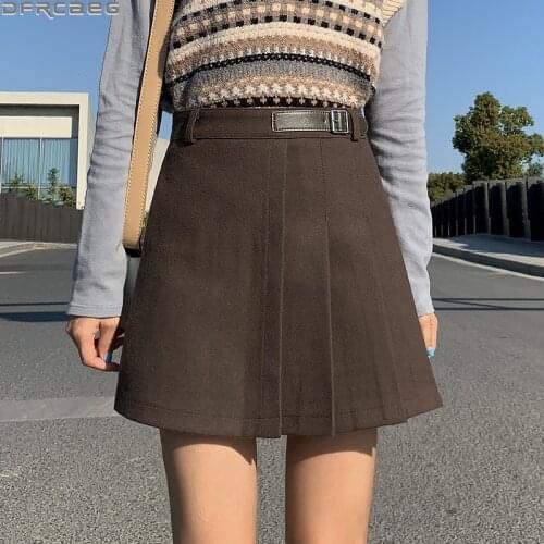Fashion Streetwear Pleated Mini Skirts For Women Vintage Winter Woolen Skirts Shorts High Waist A-line Black Gray Brown Skirt