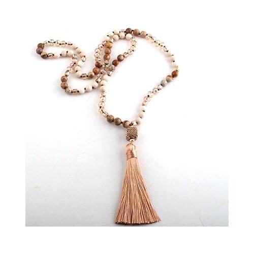 MOODPC Fashion Jewelry 8MM Natural Stone/Beige Glass Knotted Square Pave Tassel Necklace For Women Beaded Necklaces