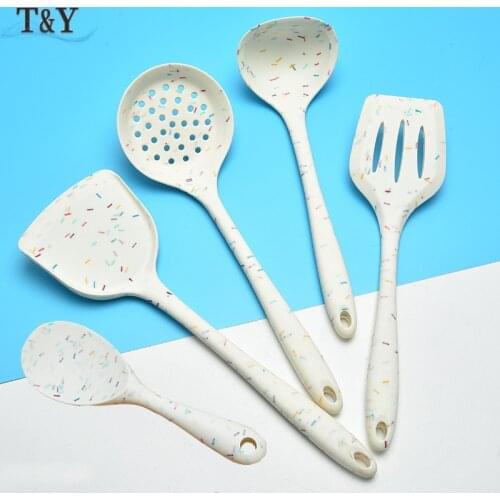 T&Y 5pcs New Dotted Colors Non-Stick Silicone Utensil Set, Kitchen Accessories Cookware Turner, Ladle, Rice Spoon, Colander
