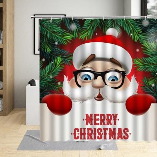 Merry Christmas Shower Curtain Funny Santa Plant Tree Elk Snowman Festival Decor Wall Cloth Bathroom Bathtub Hanging Curtain Set