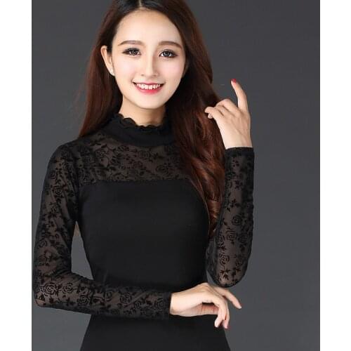 New Latin Dance Temperament Shirt Lace Mesh Long Sleeve Ballroom Dancing Clothing Profession Practice Clothes Tops Female Adults