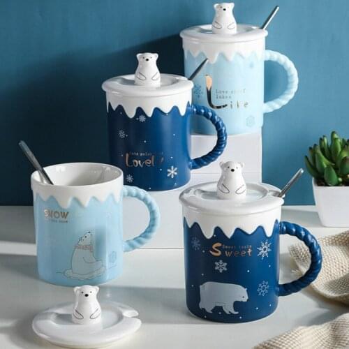 Cute Polar Bear Ceramic Mug with Lid Spoon Coffee Cups Creative Drinkware Coffee Tea Cups Student Gifts Milk Cup