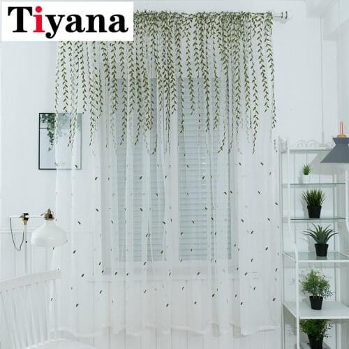 Tiyana Willow Modern Tulle Curtains For Living Room Bedroom Leaves Printed Sheer Curtains For Kitchen Green Window Drapes 438Y