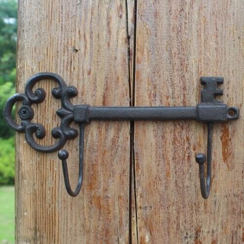 Vintage Key Shaped Cast Iron Wall Hook with Two Hangers European Farm House Accents Home Garden Wall Decor Antique Rustic Hooks