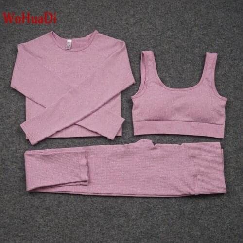 WOHUADI 3Piece Womens Clothing Seamless Yoga Set Fitness Sports Bra Long Sleeve Shirt High Waist Leggings Gym Sportswear Female