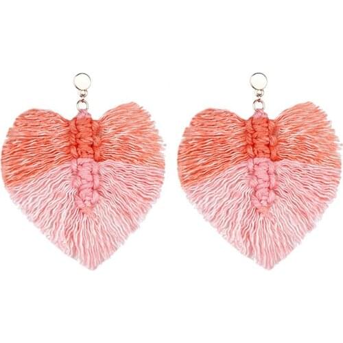 Hot Selling Heart Shape Multi Bohemian Tassel Earrings Red Cotton Tassel Statement Earrings Women Fashion Jewelry Wholesale