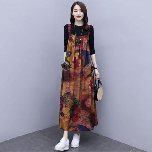 Strap dress sets female 2021 spring autumn new retro literary Korean version of loose printed long dress two-piece set womens167