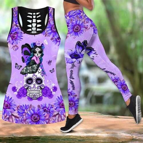 Womens Over Printed Yoga Suit Skull Mrazy Enough To Love Him Hollow Vest Tank Top High Waist Leggings Sports Ladies Suit