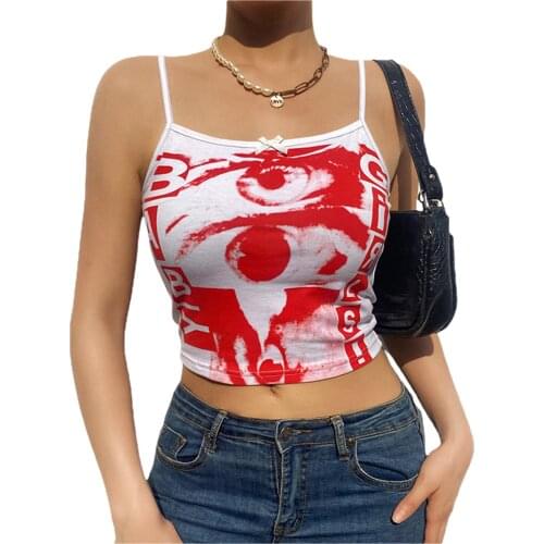 Womens Crop Cami Tops, Sleeveless Spaghetti Strap Eye Letter Print Slim Fit Clubwear Streetwear Camisole
