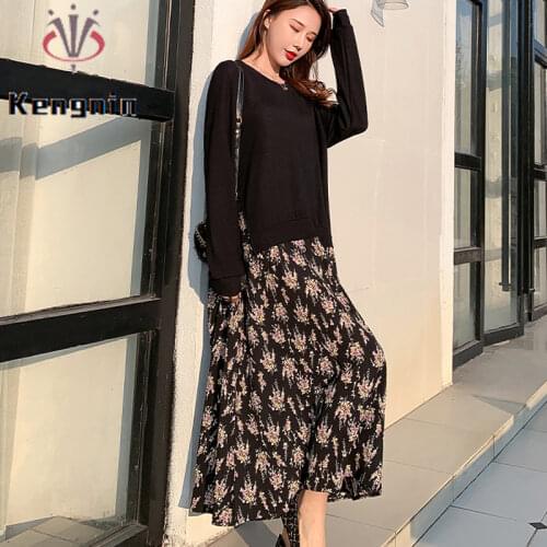 New 2021 Spring Autumn Plus Size XL. 5XL Women Dress Long Sleeve T-Shirts Dress Print O-Neck Robe Fake Two Piece Lady Vestidos