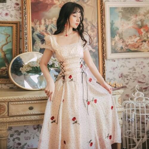 Womens Seaside Beach Holiday Dress 2021 Summer Fairy High Waist Long Retro Puff Sleeve Square Collar Polka Dot Rose Chic Party