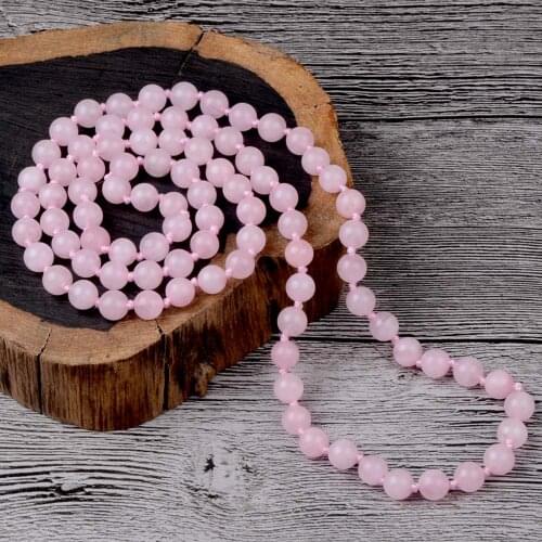 90cm Long Bohemia Natural Stone Rose Crystal Beads Knotted Necklace For Women Rosary Necklace Gift