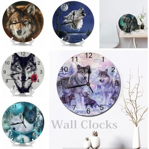 Wolf Animal Big Round Wall Clocks Decor Numeral Digital Dial Mute Silent Digital Clocks Battery Operated Clocks Living Room Wall
