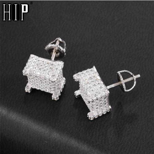 Hip HOP Micro Full Pave Rhinestone CZ Stone Bling Ice Out Stud Earring Gold Color Copper Earrings For Women Men Jewelry