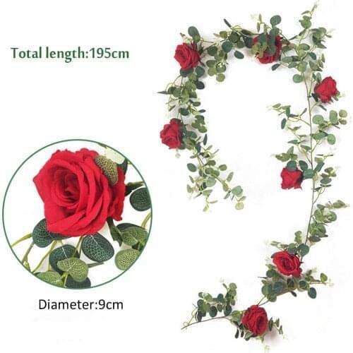 2m Artificial Rose Flower Vine Autumn Camellia Eucalyptus Willow Vine Decoration Silk Fake Wreath Wedding Home Garden Decoration