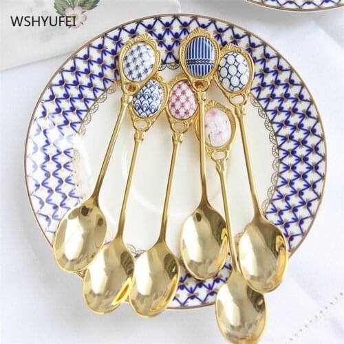 Exquisite English afternoon tea stirring coffee small spoon bone china stainless steel golden ceramic tea spoon creative cute