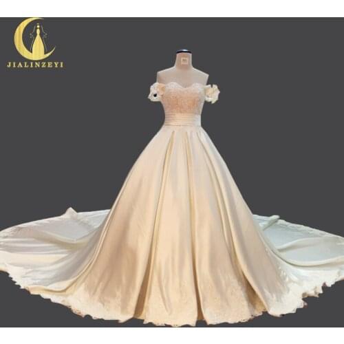JIALINZEYI Real Picture Luxurious Boat Neck Satin With Bow Long Train Wedding Dresses wedding gown