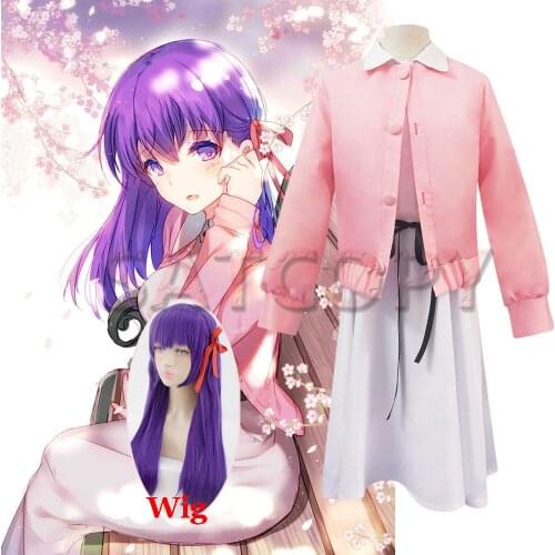 Fate/Zerosaber Cospaly Sakura Matou Costume Anime Stay Night Uniform Women Girl Game Set Pink Dress Wig Halloween
