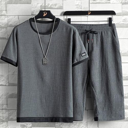 Ice Silk Suit Mens Summer Loose Large Casual Sports Suit Mens Short Sleeve Capris Two Piece Set