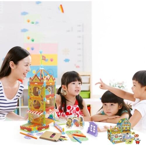 Puzzle House Model Self Assembly Toy Educational Painting Coloring 3D Jigsaw for Kids