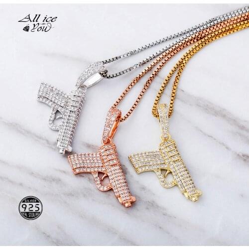 ALLICEONYOU 925 Sterling Silver High Quality Iced Out Cubic Zirconia The Gun Pendant Hip Hop Fashion Jewelry Gift