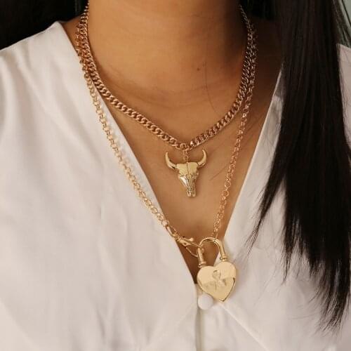 Love Lock Bull Head Pendant Charm Necklaces for Women Gold Color Clavicle Chain Layered Necklace Female 2020 Fashion Jewelry New
