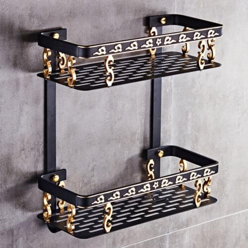 Bathroom Shelves Carved Aluminum Square Bathroom Rack Wall Mounted Basket Bathroom Handwares Bathroom accessories Black and Gold