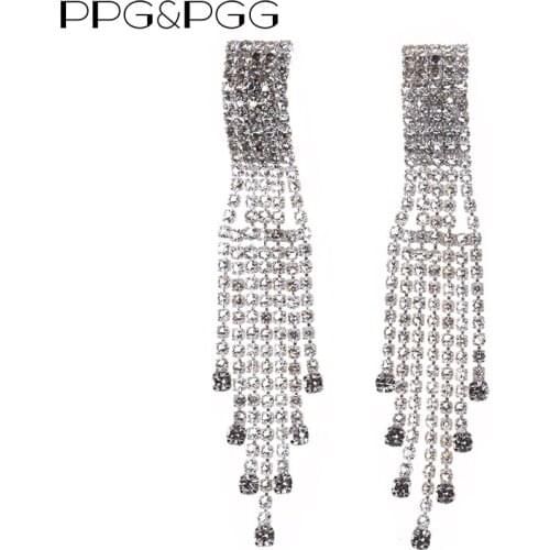 PPG&PGG Silver Color Crystal Long Tassel Earrings for Women Super Big Party Hanging Earrings Bridal Wedding Jewelry Gift