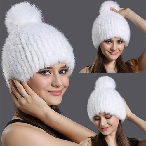 Russia Winter Real Mink Fur Hat Women Fashion Knitted Fur Ball Caps Skullies&Beanies Warm Ear Protection Fox Fur Pompom Ball Hat
