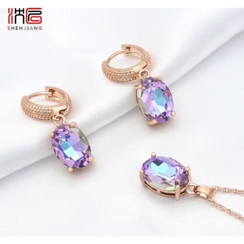 SHENJIANG New Fine 585 Rose Gold Oval Egg Shape Crystal Dangle Earrings Jewelry Set For Women Wedding Party Fashion Jewelry