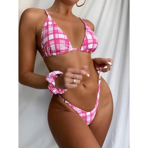 Plaid Print Swimsuit Pink Padded Spaghetti Straps Low Cut Backless Bathing Suit for Women Summer Beach Club Party Bikini