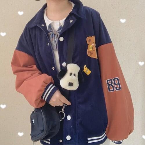 Patchwork Lolita Spring Autumn Boyfriend Style Student Coats Super Cute Bear Womens Corduroy Jacket Baseball Outwear College